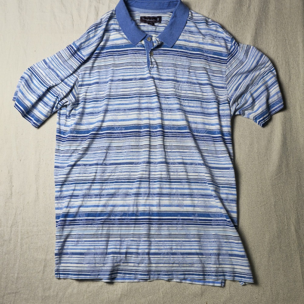 Tommy Bahama Blue White Striped Golf Short Sleeve Casual Polo Men's Size XLarge‎